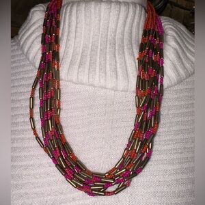 MULTICOLORED MULTI STRANDS RED & PINK NECKLACE GOLD HARDWARE ADJUSTABLE CHAIN
